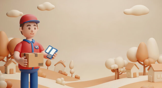 Friendly 3D clay delivery driver scans a package barcode with a handheld device in a whimsical, cheerful neighborhood, perfect for text. - Powered by Adobe