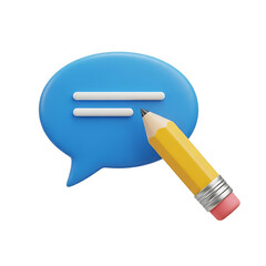 3d blue speech bubble with yellow pencil writing message
