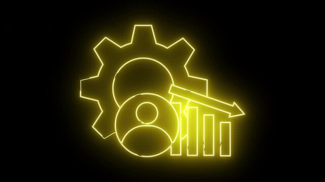 A neonlit logo showing a gear person icon decreasing chart