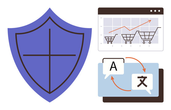 Shield symbolizing security, ecommerce cart graphs visualizing growth, language translation icons connecting speech. Ideal for cybersecurity, ecommerce analytics, global communication, digital