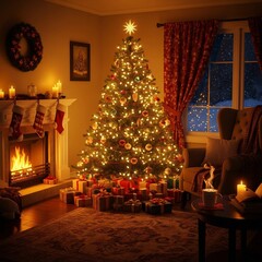 Illuminated Christmas tree ornaments and presents near fireplace in warm cozy home interior for holiday background festive season decoration xmas celebration living room winter evening scene
