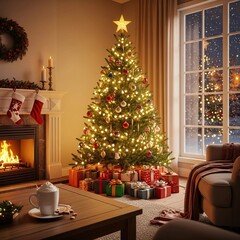 Traditional Christmas tree decorated with lights baubles and star in living room with fireplace gifts and stockings for holiday greeting card background festive interior design xmas celebration
