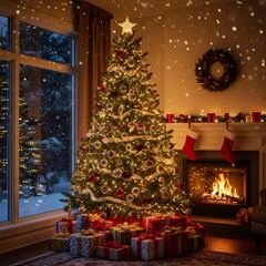 Illuminated Christmas tree ornaments and presents near fireplace in warm cozy home interior for holiday background festive season decoration xmas celebration living room winter evening scene
