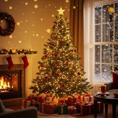 Traditional Christmas tree decorated with lights baubles and star in living room with fireplace gifts and stockings for holiday greeting card background festive interior design xmas celebration
