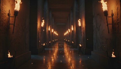 Fototapeta premium Mysterious Ancient Hallway Illuminated by Torches with Reflective Floor