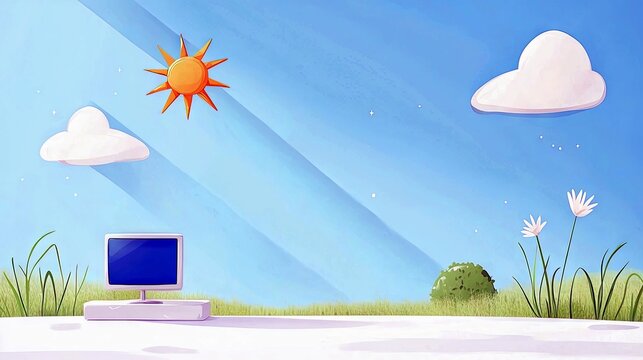 A computer is placed in a whimsical outdoor setting under a bright sun and blue sky with fluffy clouds.