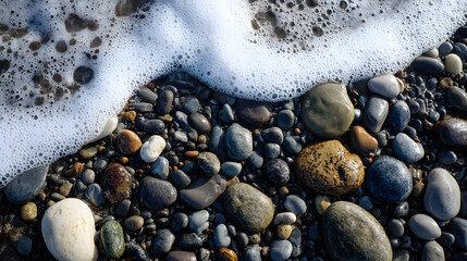 Sea foam gently washing over smooth colorful pebbles on a beach creating a serene and natural scene perfect for backgrounds and calming visuals