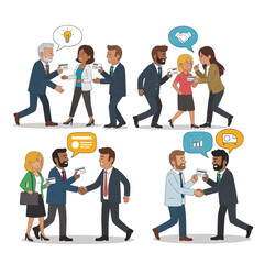 Illustration depicting business professionals exchanging business cards, networking, and forming connections.