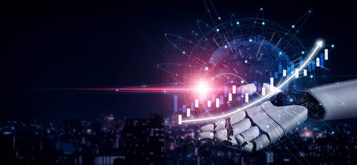 A sophisticated robotic hand presents dynamic digital graphs and global data against a dark city skyline, symbolizing technological advancement and innovation. Impute