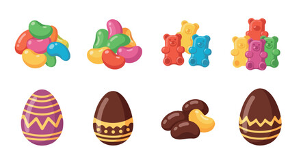 Colorful candies and chocolate eggs with transparent background