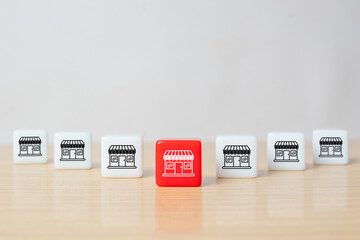 Franchise or franchising, Dice stack pyramid with franchises business store icon for growth and products services or grow expand or bank loan for branch expansion.