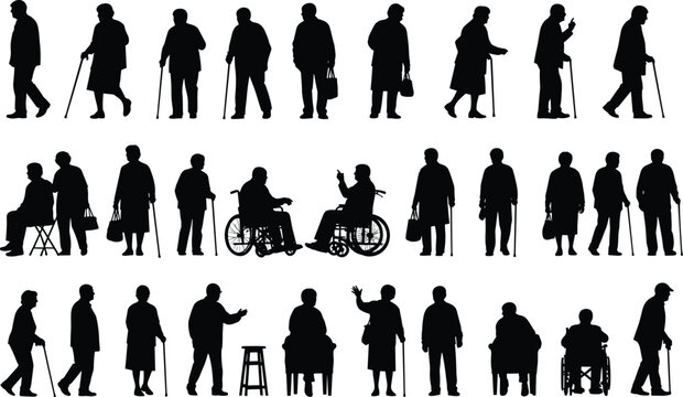 Large Elderly Senior People Silhouette Vector Set, Old Man and Woman Walking Wheelchair Cane Icons, Black Flat Drawing of Aged Health Assistance and Disability Graphics