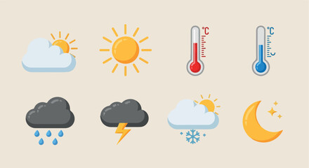 Weather icons set with sun, clouds, rain, and thermometer