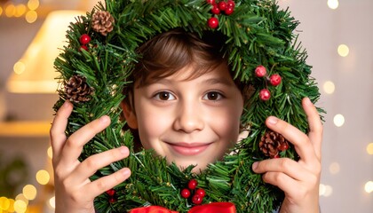 boy holding a christmas wreath