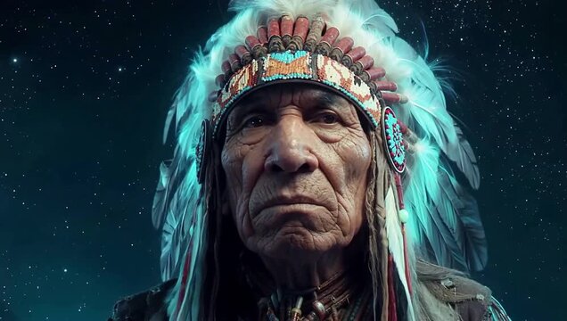 Native American Chief with Feather Headdress Portrait