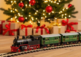 Toy train with carriages under a decorated christmas tree with gifts