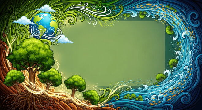 A vibrant Earth Day background template, bursting with life, illustrating the interconnectedness of land and sea for an environmental message with ample copy space. - Powered by Adobe