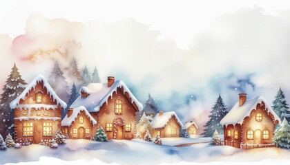 Cozy Winter Village Watercolor Illustration