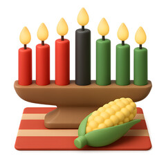 Colorful Kwanzaa Kinara with Seven Candles in Red, Black, and Green Alongside Ear of Corn on Striped Mat