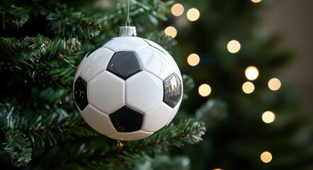 Soccer Ball Christmas Ornament on Tree with Lights Holiday Sports Decor Festive Celebration Seasonal Cheer