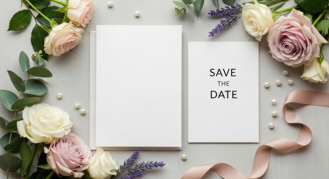 Elegant Wedding Invitation and Save the Date Card Mockup Adorned with Pink Roses, Eucalyptus, and Pearls