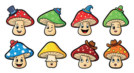 Cartoon mushrooms with hats, various expressions