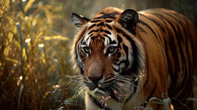 Bengal Tiger Walking Through Dense Forest in Morning Sunlight