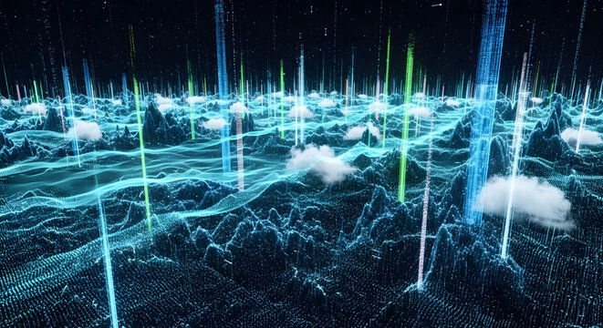 Abstract digital landscape with glowing data connections and light beams representing a futuristic network.