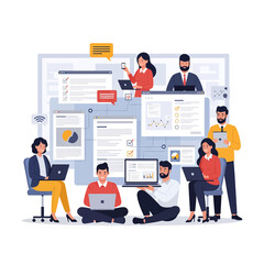 Diverse team collaborating on a project with laptops and digital displays.