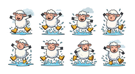 Happy sheep jumping in puddles with yellow boots