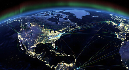 Global network connections spanning across North America at night, viewed from space with the aurora borealis.