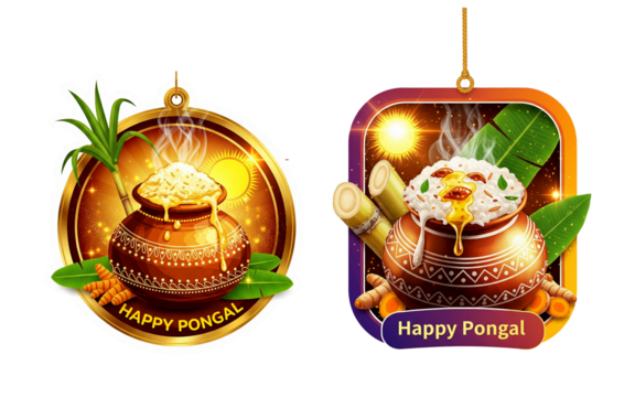 Happy Pongal Festival Celebration Tags with Traditional Boiling Mud Pot, Sweet Rice, Sugarcane, and Turmeric Plant Elements in Golden Glow Vector Illustration, Transparent, Png - Powered by Adobe