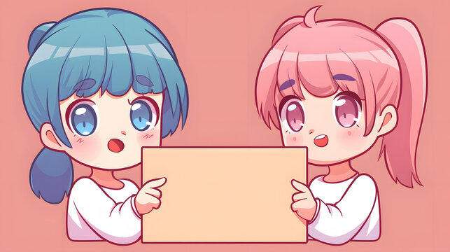 duo chibi characters one holding a blank board
