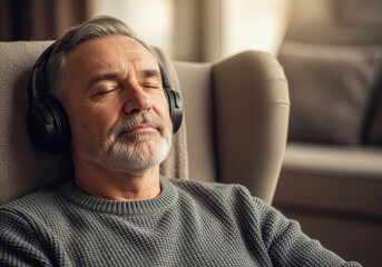 An older man with closed eyes wearing headphones, enjoying music in a comfortable chair.