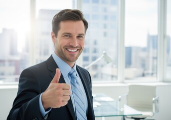 A smiling businessman in a suit gives a thumbs up, looking confident and successful in an office setting.