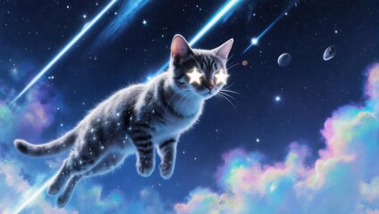 Cosmic Cat Soaring Through Starry Night Sky with Glowing Eyes.