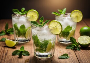 Fototapeta premium Three refreshing mojito cocktails with lime slices, mint leaves, and ice cubes on a wooden surface.