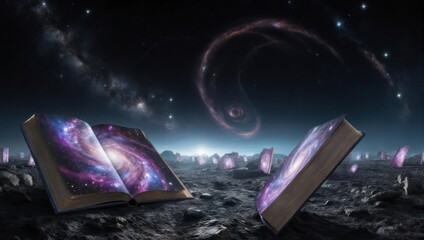 Cosmic Books Open to Galaxies in a Mystical Alien Landscape.