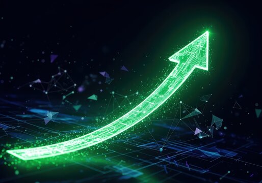 A glowing green arrow pointing upwards, symbolizing growth, progress, and positive trends against a dark background.