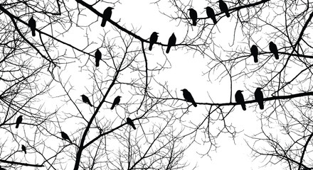 Flock of black crows sitting on bare tree branches silhouette, isolated vector illustration background, spooky Halloween nature design element for gothic art.