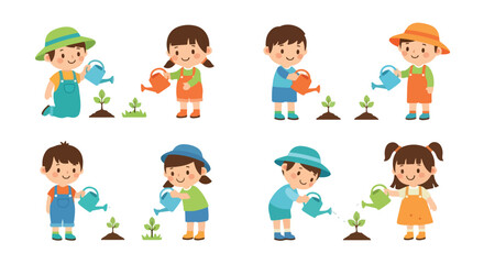 Children watering plants in garden with transparent background