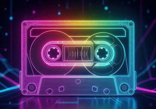 Neon cassette tape illustration with vibrant colors and glowing lines, perfect for retro themes.