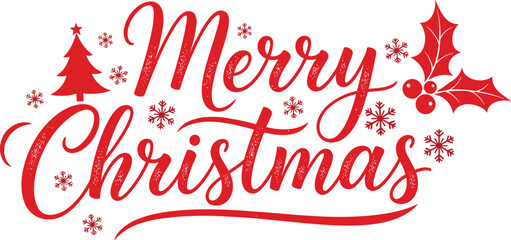 Merry Christmas greeting, red festive design, holiday vector, snowflakes, holly leaves, elegant typography, seasonal decoration, Christmas tree, winter celebration, cheerful mood
