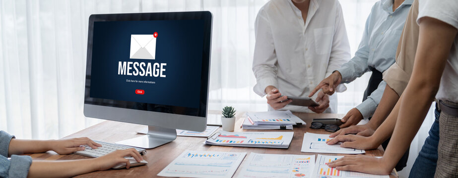 Email notification message showing on computer screen brisk. Digital marketing message information text from business to customer client