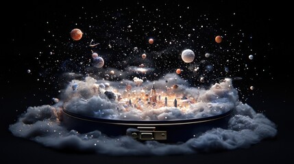 A surreal scene where a miniature city, nestled in clouds, floats out of an open suitcase, with planets and stars in the background.