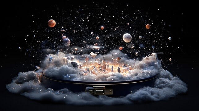 A surreal scene where a miniature city, nestled in clouds, floats out of an open suitcase, with planets and stars in the background.