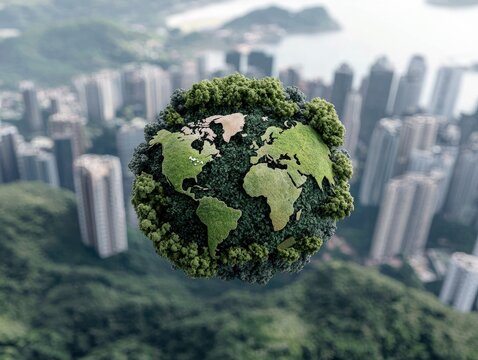 A miniature globe covered in green grass and trees floats in the air with a blurred city and mountains in the background.