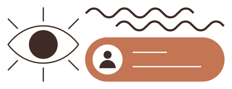 Eye icon representing vision beside a profile card with user details and abstract wavy lines. Ideal for identity, user interface, security, data visualization, creativity, branding, simple flat