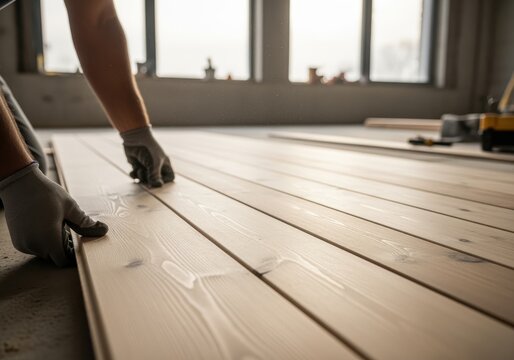 Close-up of a person installing wooden floorboards, showing the process of construction.