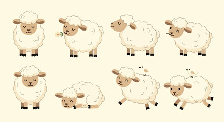 Happy sheep characters in various poses with transparent background